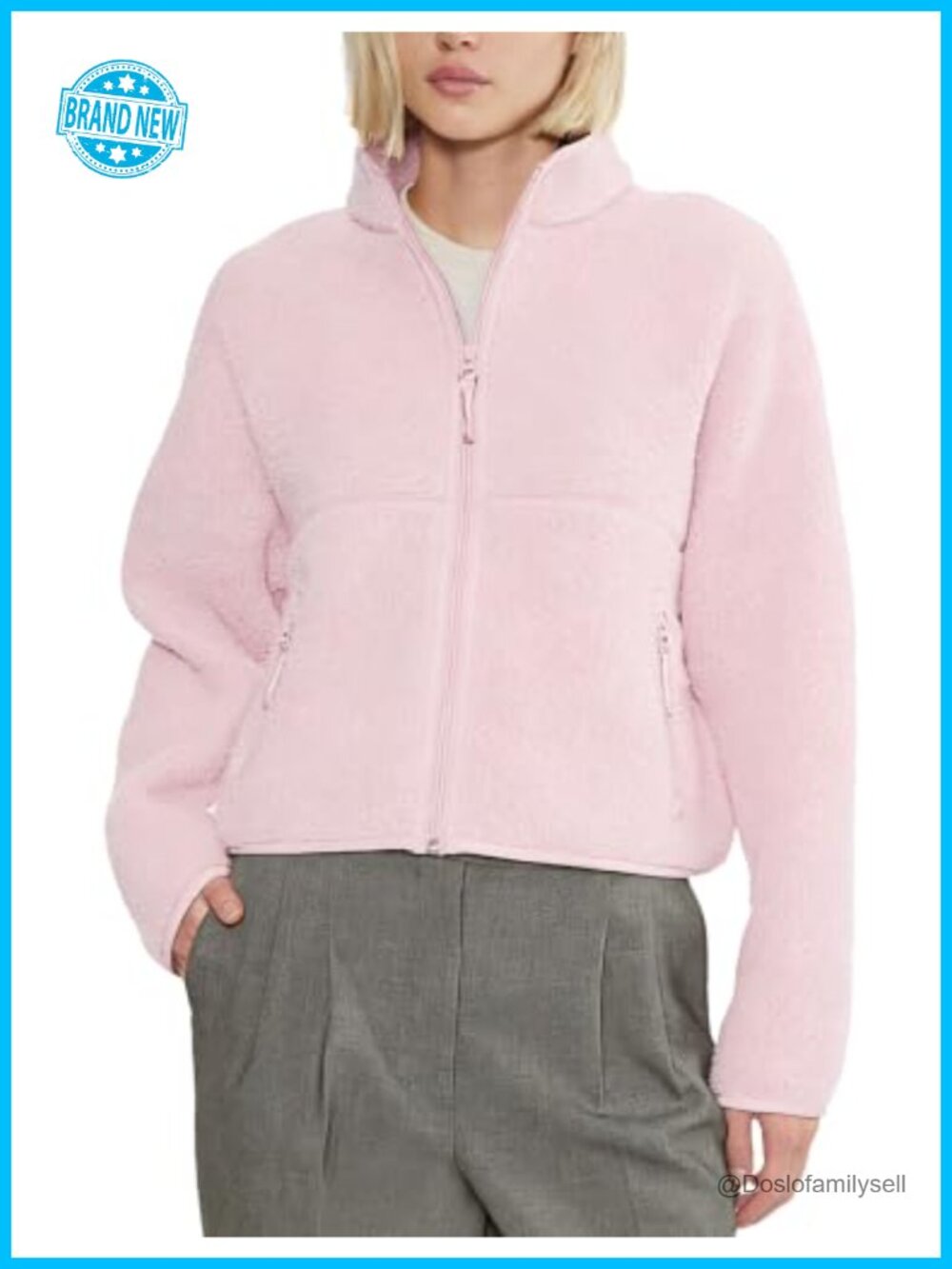 Women's Full Zip Sherpa Fleece Jacket Stand Collar Zip Pockets Casual